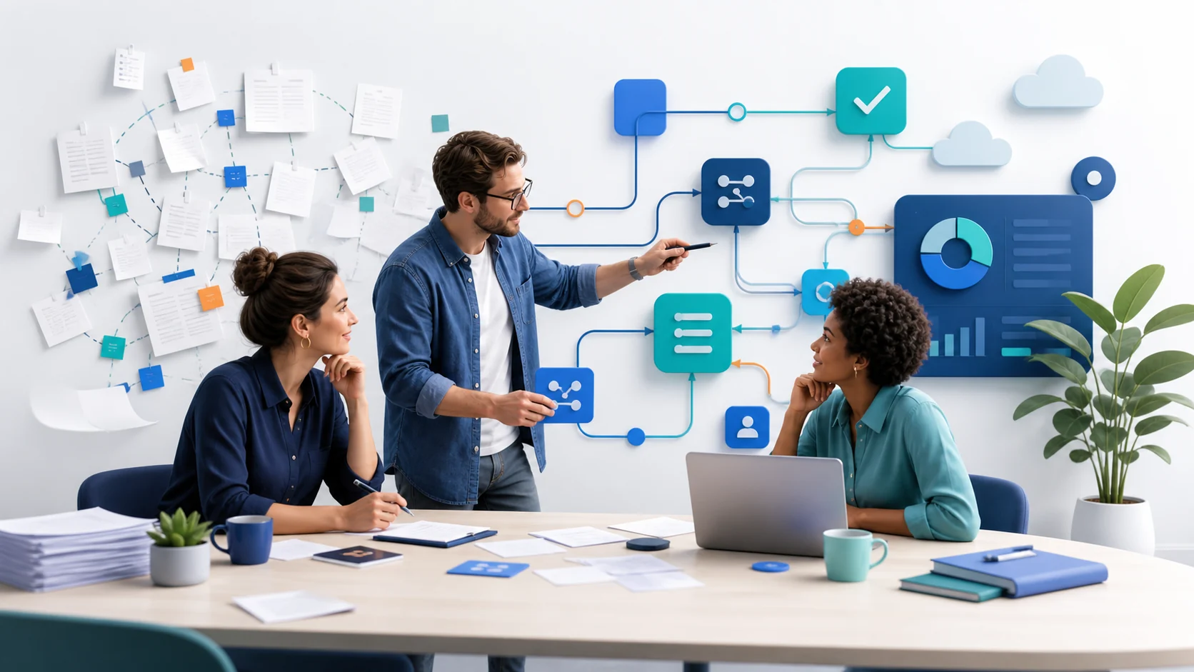 Small-business team mapping connected workflows and operational dashboards